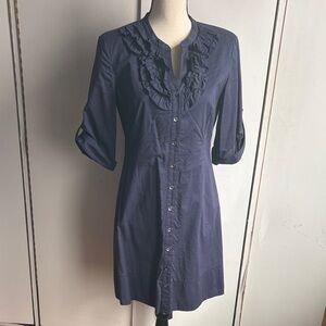 [Garnet Hill] Navy Ruffled Button-Up Shirt Dress